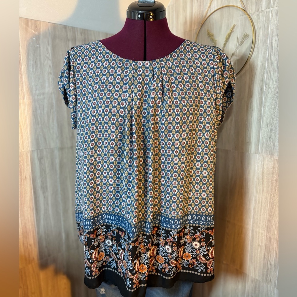 Papermoon Navy Floral-Print Cap Sleeve Tunic with Orange Accents Floral Boarder